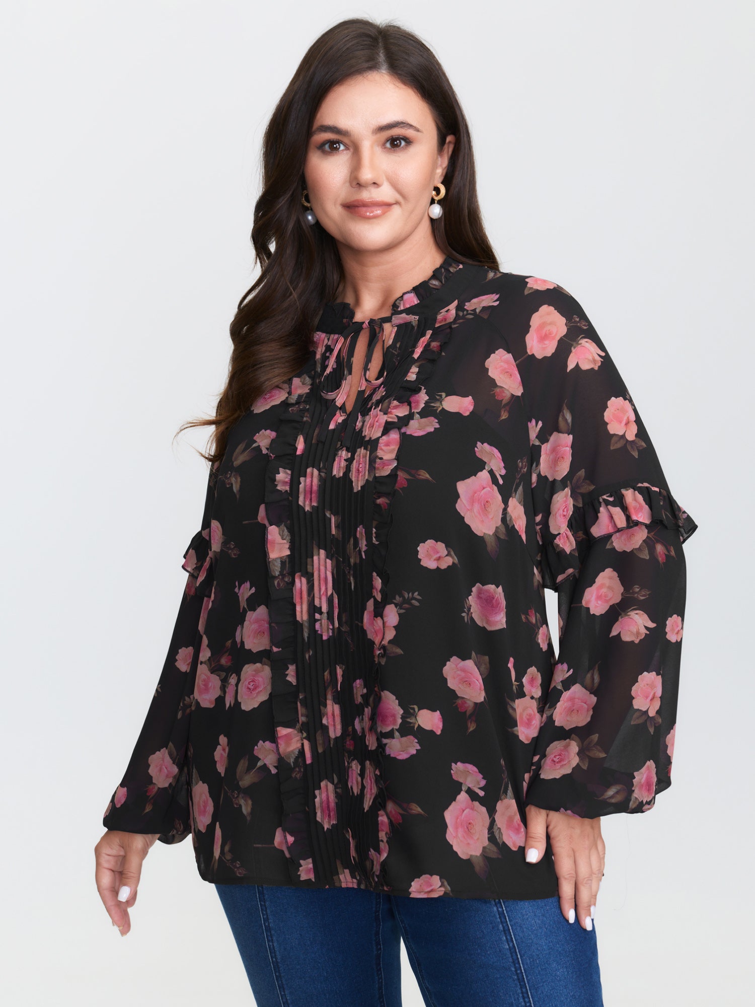 Floral Print Sheer Ruffled Sleeve Detail Blouse