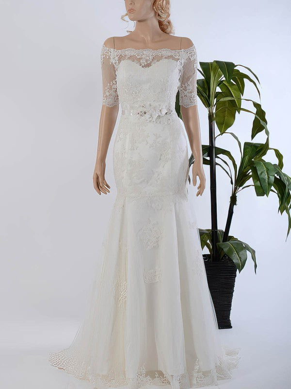 Luxurious Trumpet Off-The-Shoulder Tulle Sweep Train Wedding Dresses with Appliques