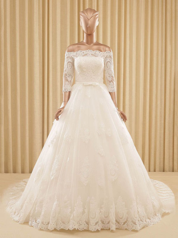 Gorgeous Off-The-Shoulder 3/4 Long Sleeves Ball Gown Lace Wedding Dresses