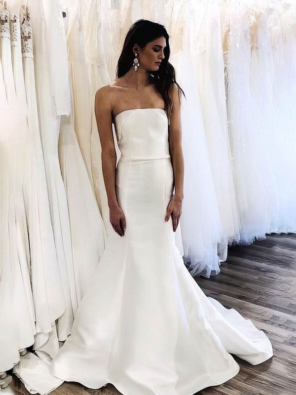 Glamorous Strapless Satin Sweep Train Trumpet Wedding Dresses
