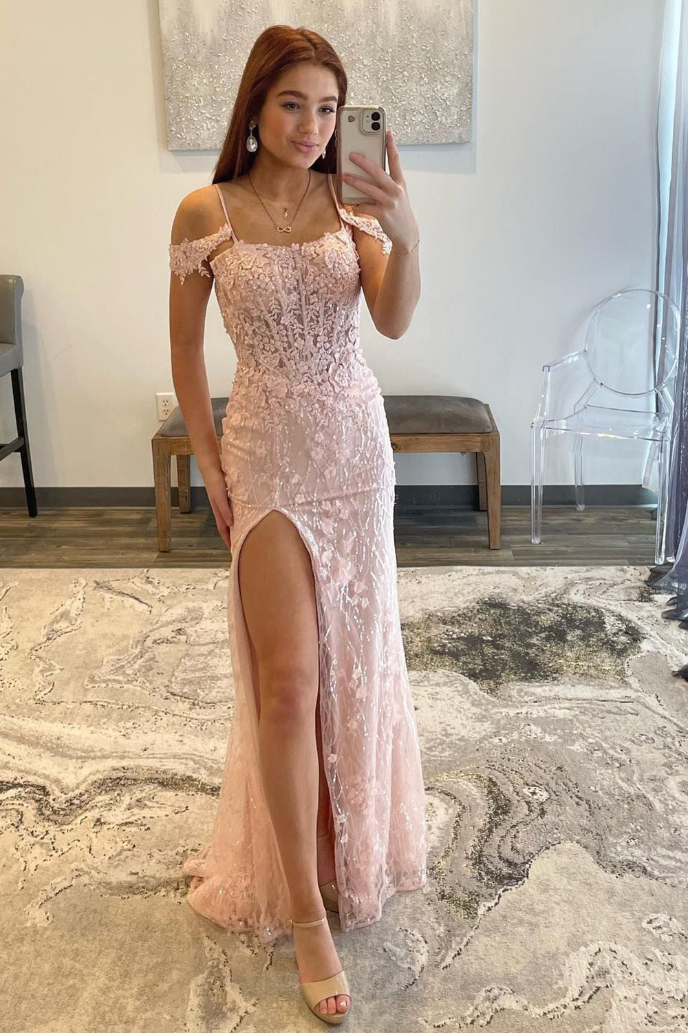 Blush Off-the-Shoulder Corset Prom Dress with Sheath Silhouette and Appliques