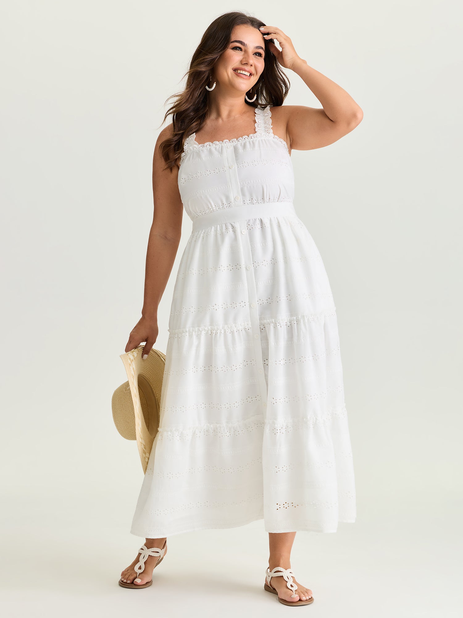 Eyelet Lace Trim Straps Tiered Midi Dress