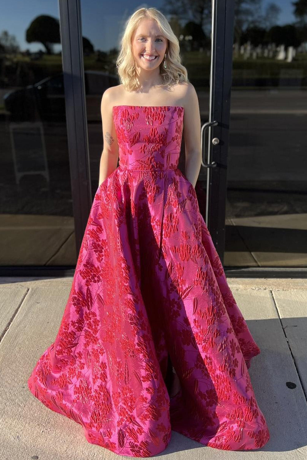 Long A-Line Prom Dress in Fuchsia with Floral Jacquard Strapless