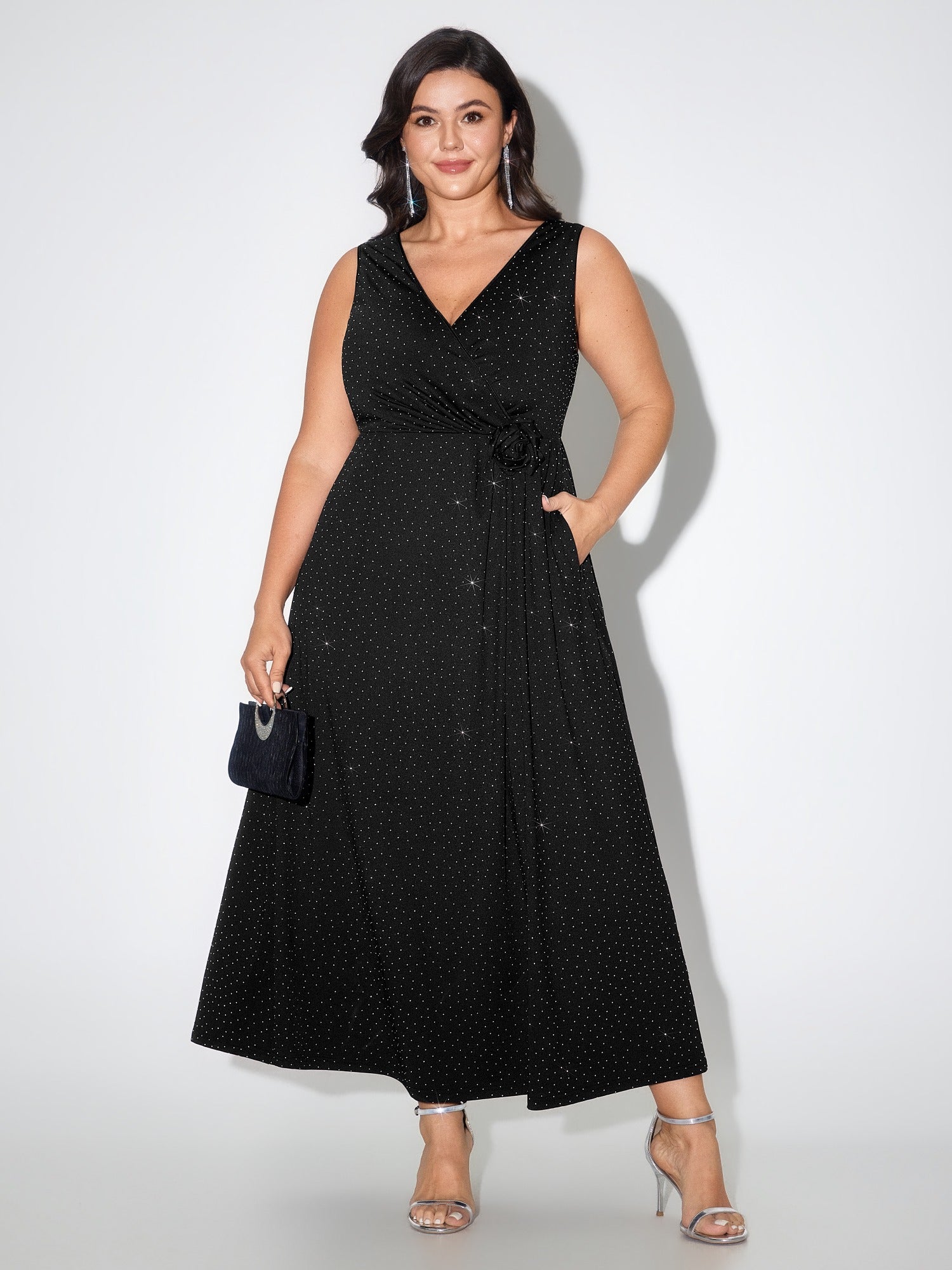 Rhinestone Wrap Neck Side Tie Maxi Dress