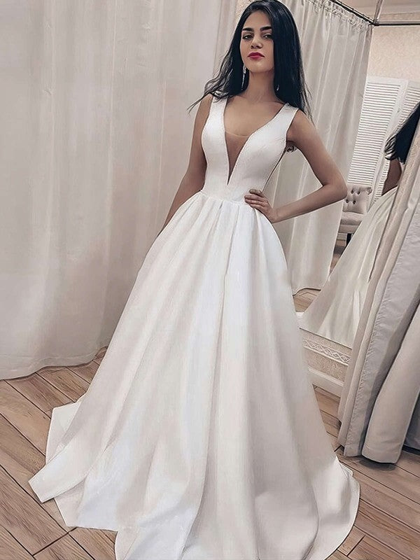 Elegant Ball Gown V-Neck Straps Satin Sweep Train Wedding Dresses