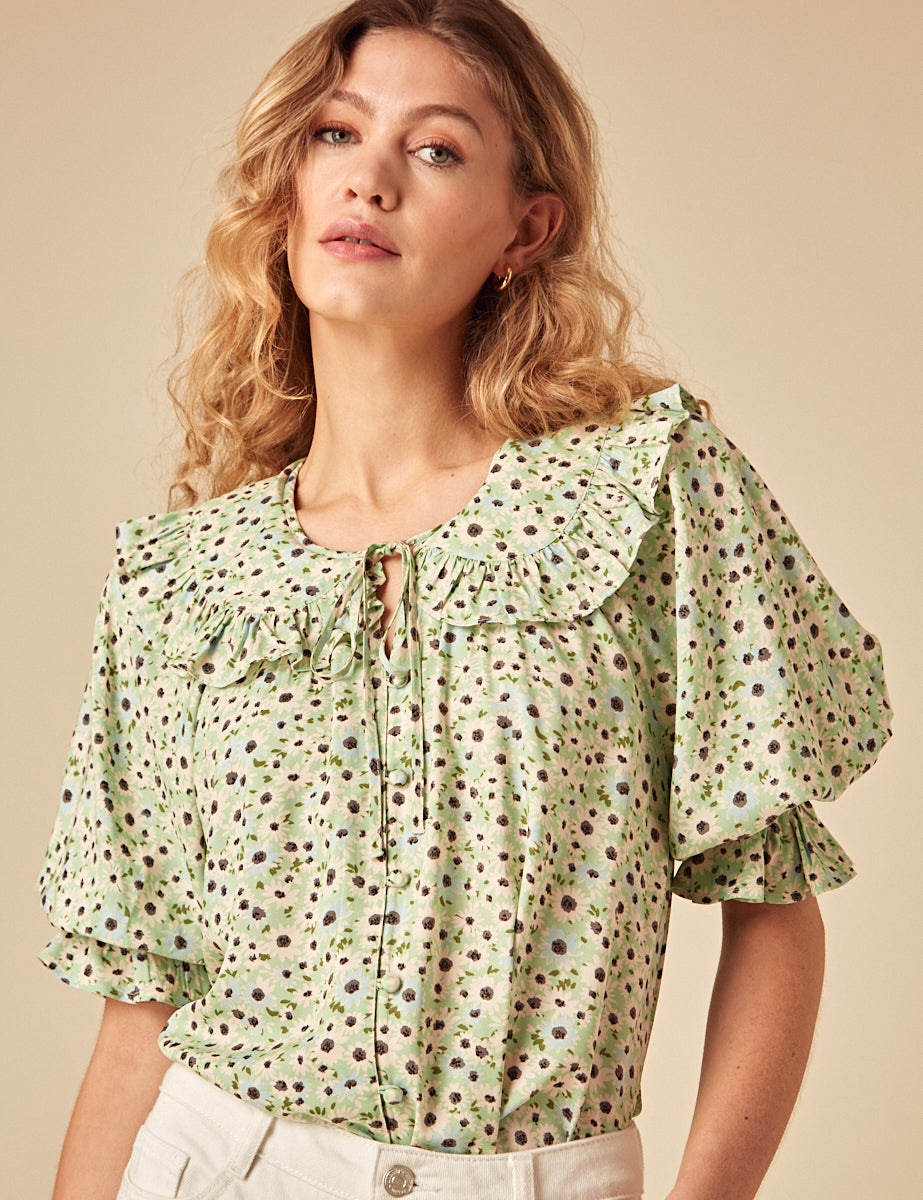 Green Floral Short Sleeve Blouse
