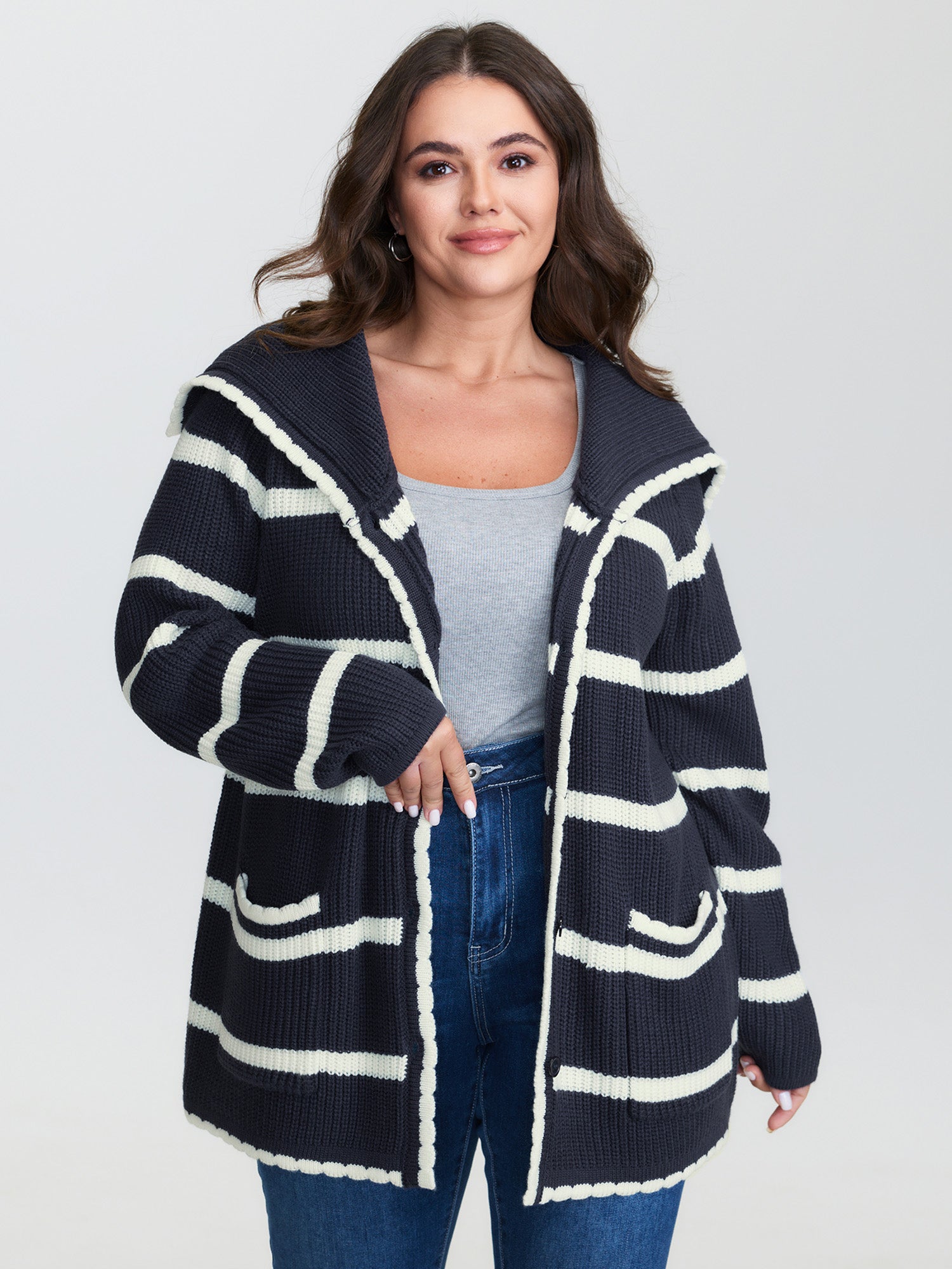 Striped Sailor Collar Pockets Knit Cardigan