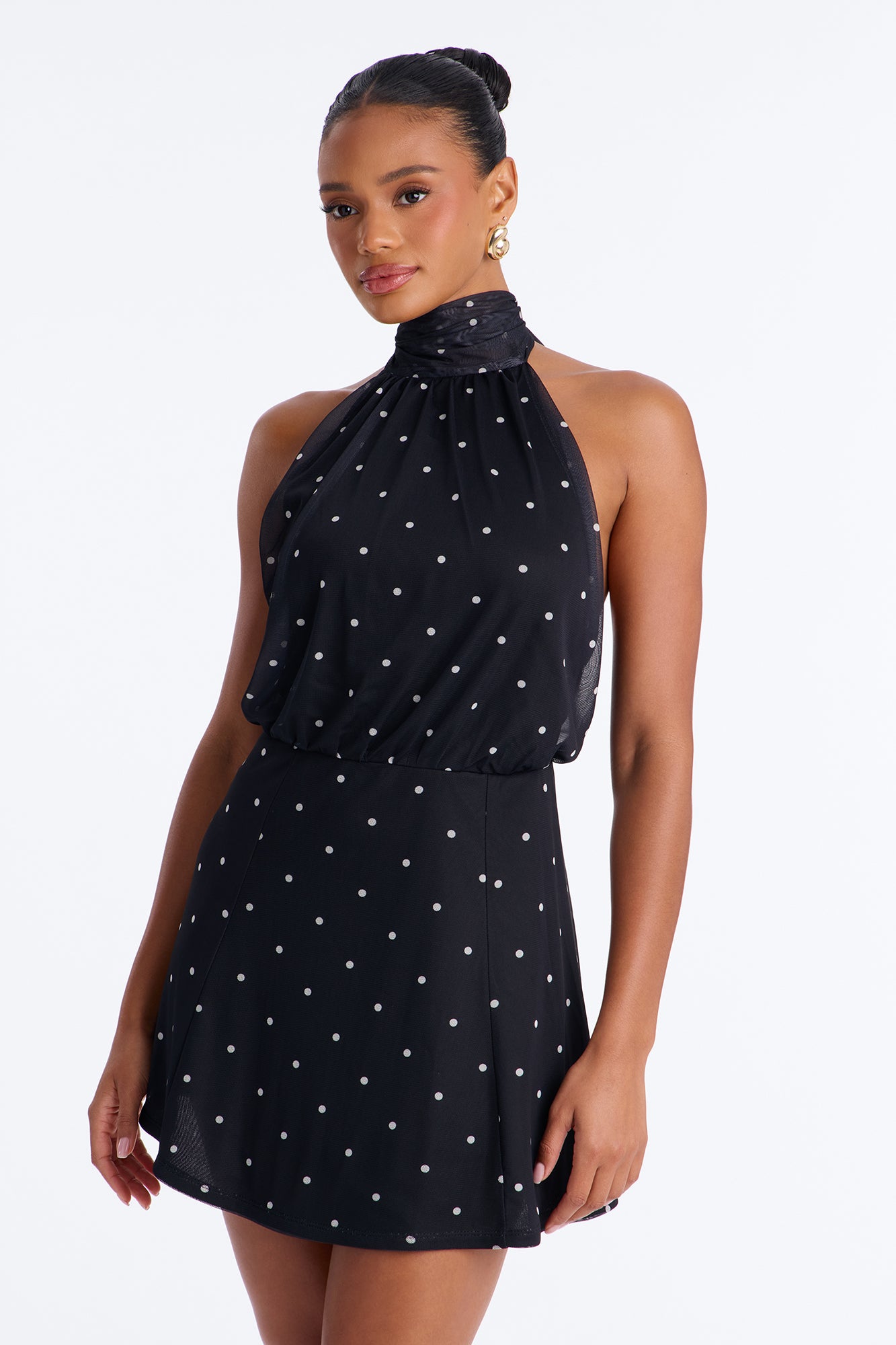 Liv Mock Neck Mesh Mini Dress - Black/White