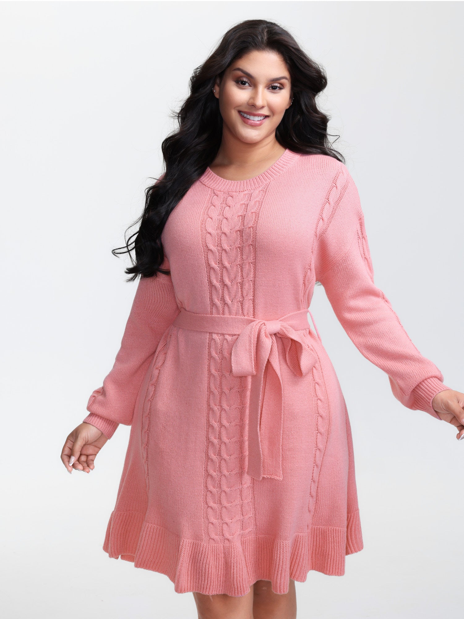 Textured Ruffled Hem Belted Knit Midi Dress