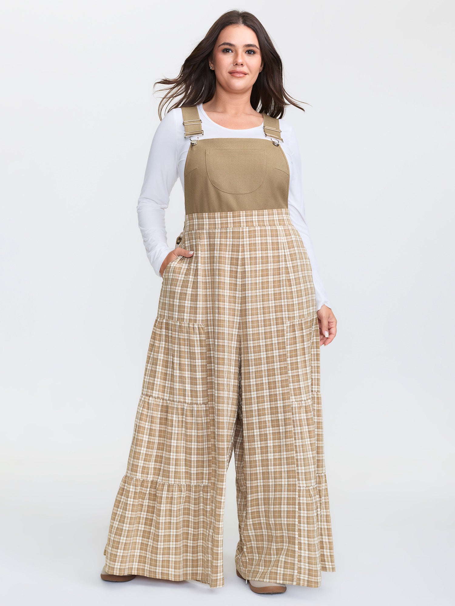 Plaid Print Adjustable Straps Flared Jumpsuit