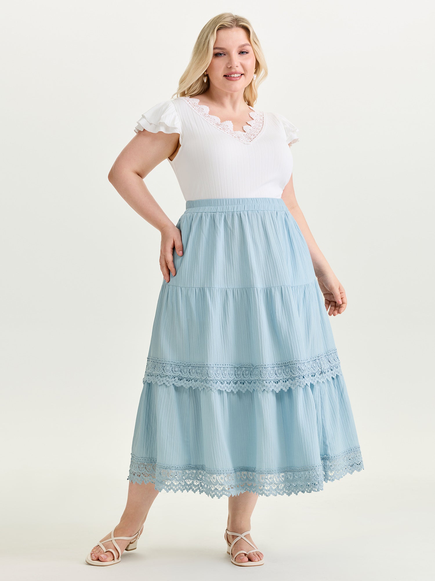 Lace Trim Tiered Plain Maxi Skirt