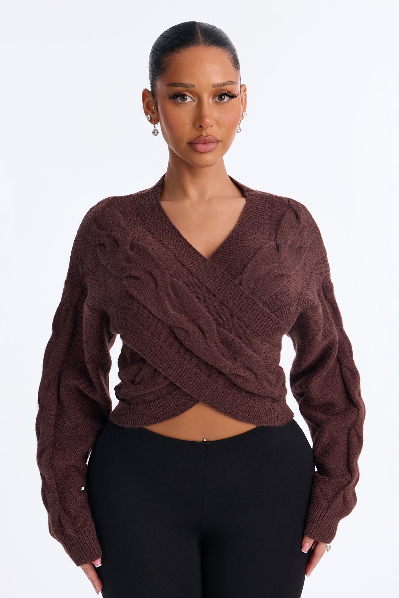Chilly Serene Cropped Cable Knit Pullover Sweater - Chocolate