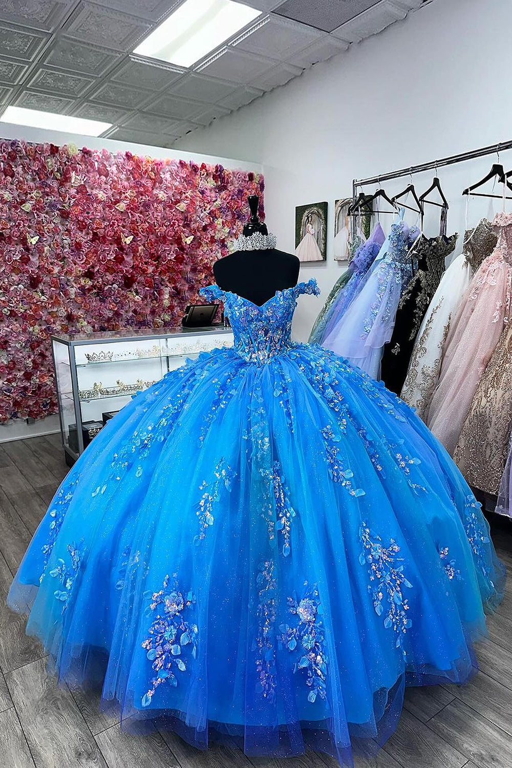 Quinceanera Princess Dress in Blue with Off-the-Shoulder Tulle and Appliques