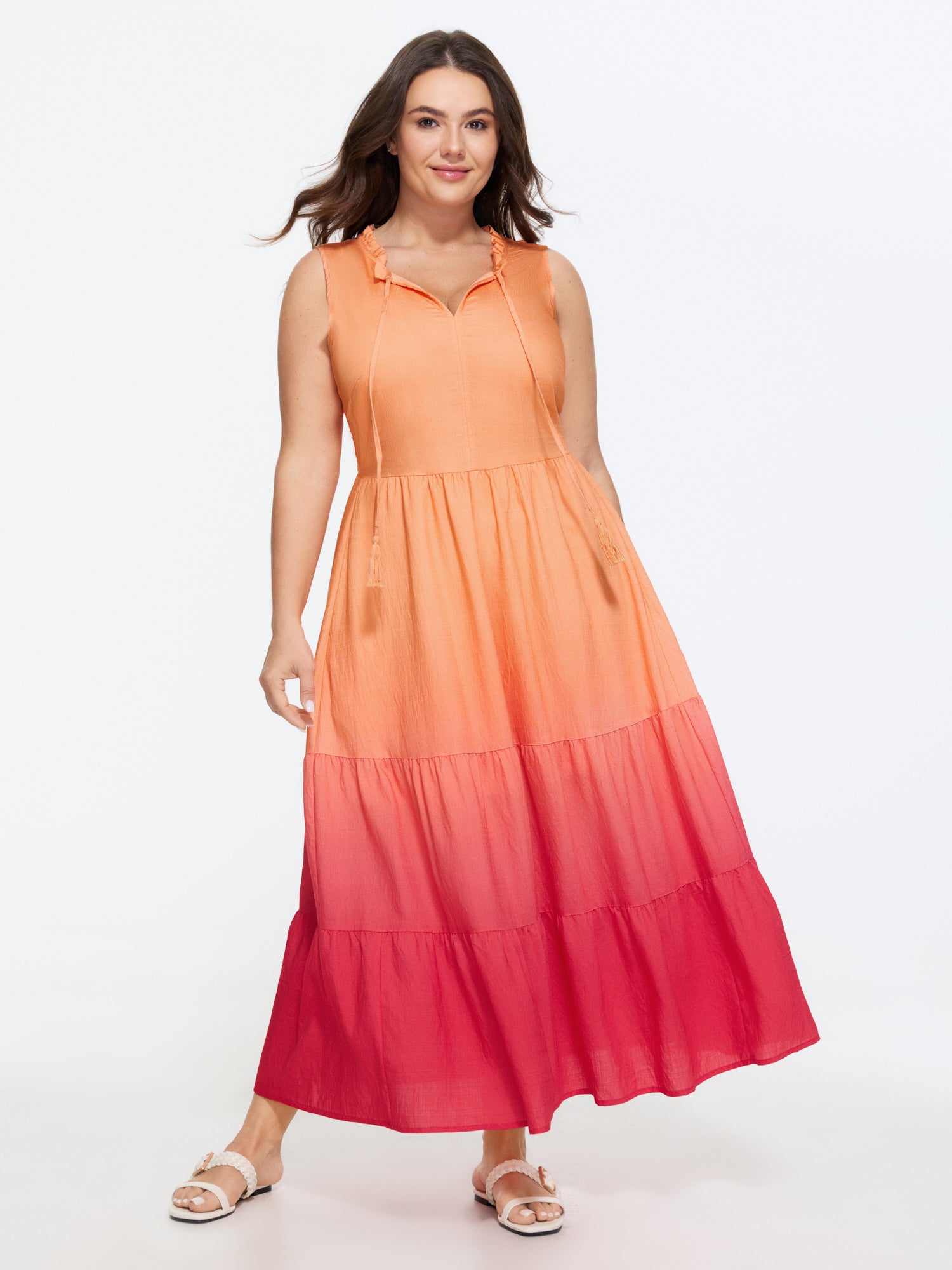 Ombre Gradient Neck-Tie Tiered Maxi Dress