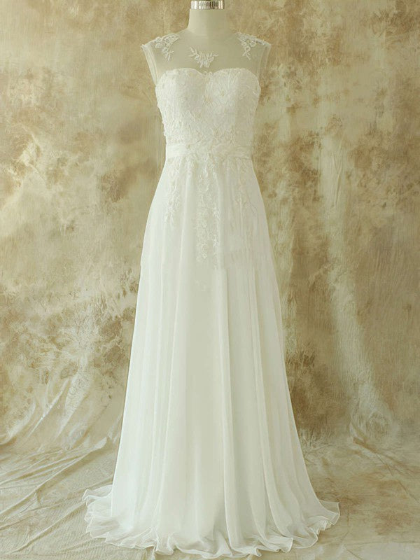 Chic A-Line Sleeveless Lace Chiffon Sweep Train Wedding Dresses