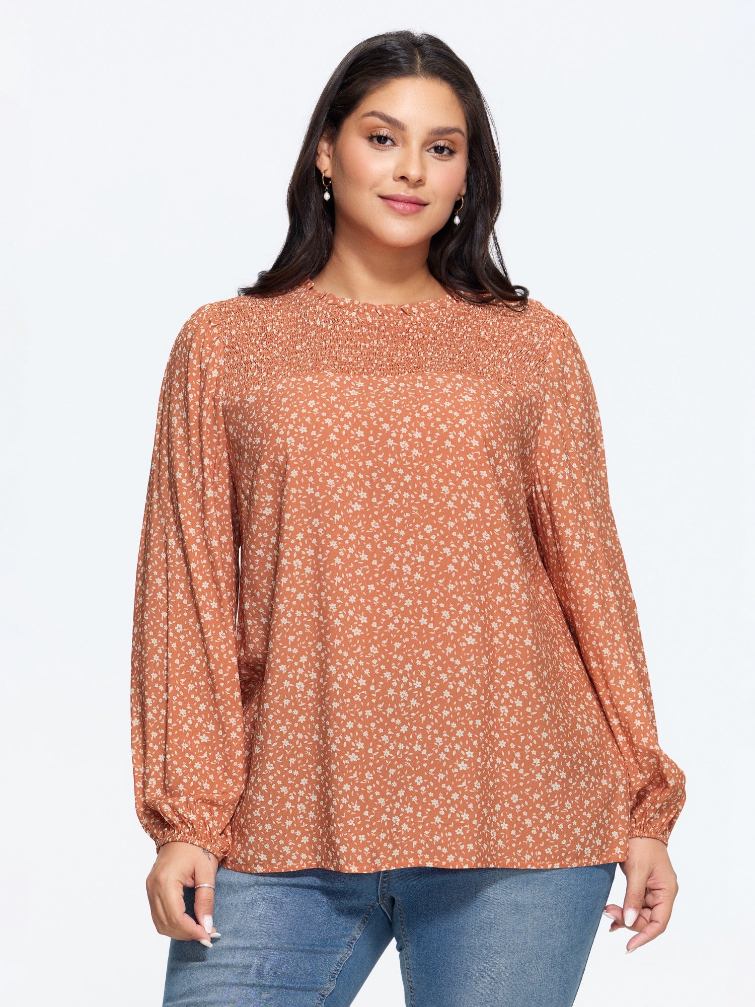 Ditsy Floral Print Ruffle Neck Shirred Blouse