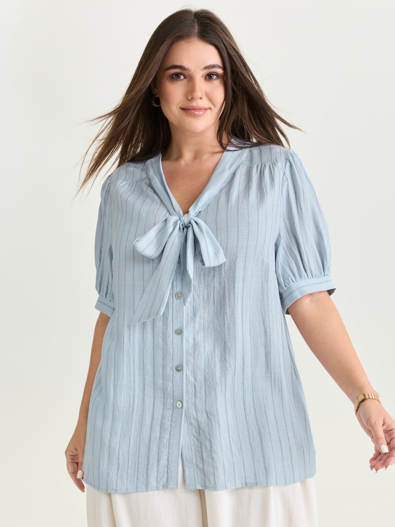 Cotton Bowknot Neckline Button-Down Blouse