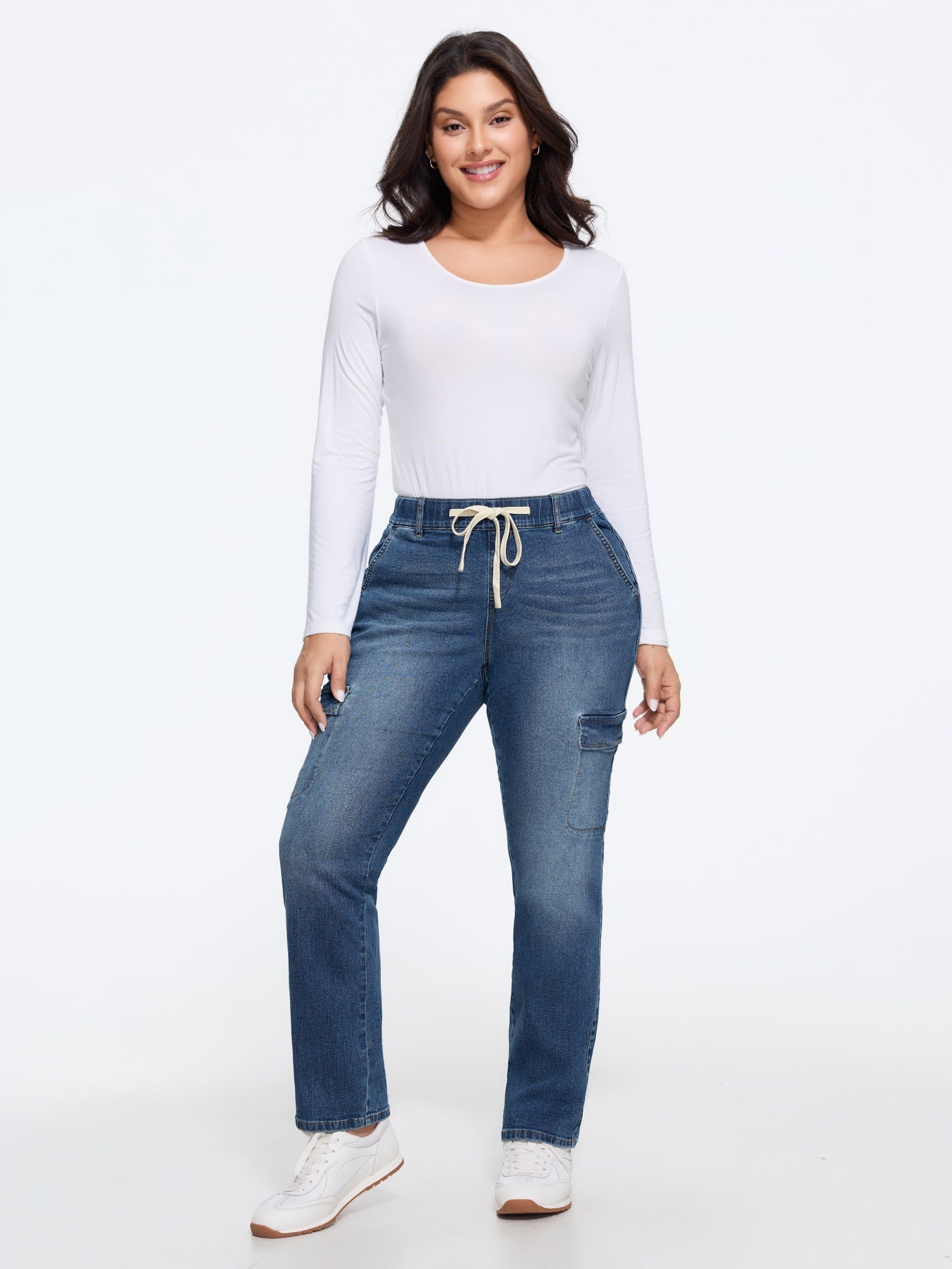 Stretch Drawstring Waist Patch Pockets Jeans