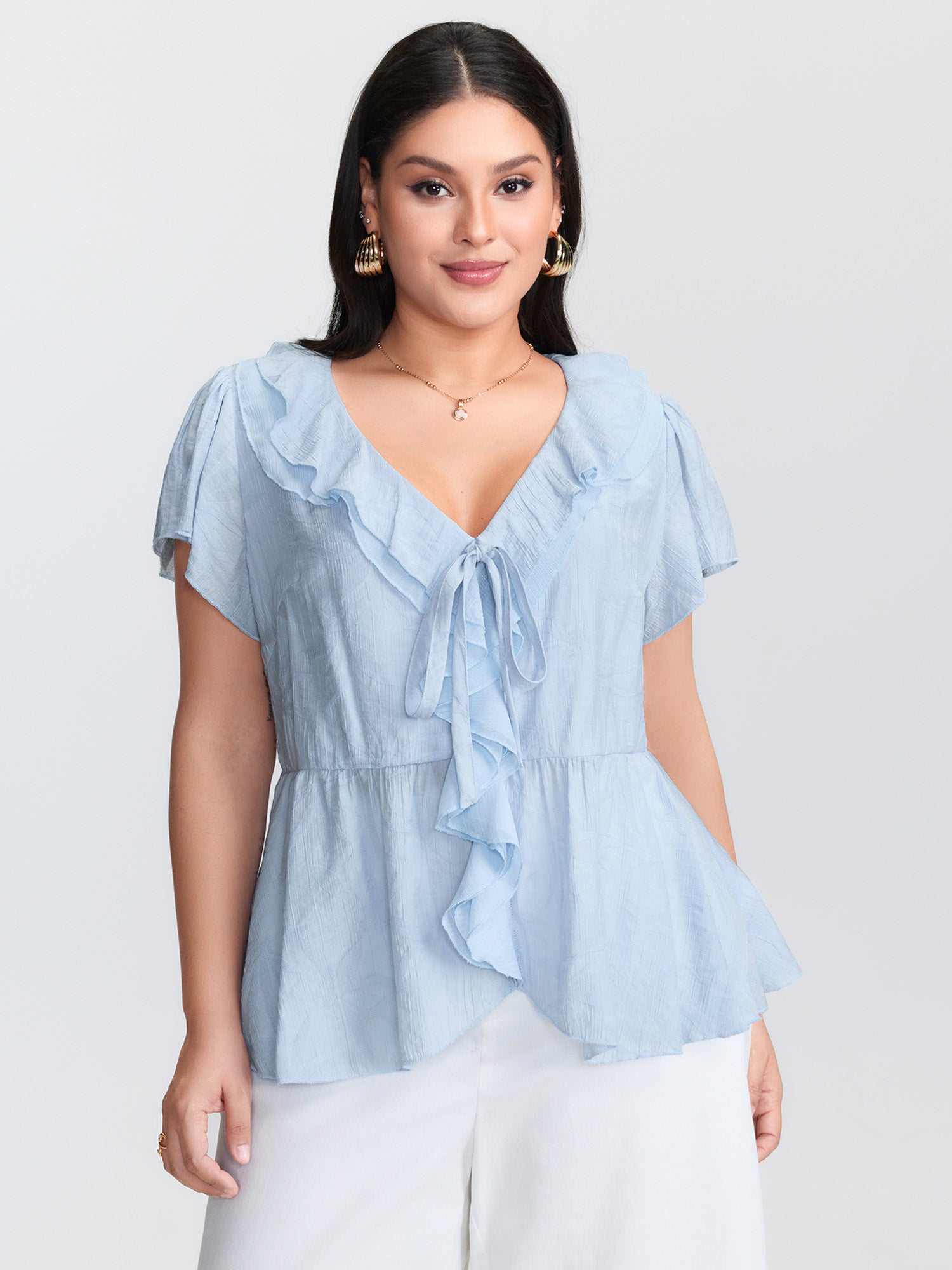 Ruffled Bow-Tie Neckline Textured Blouse