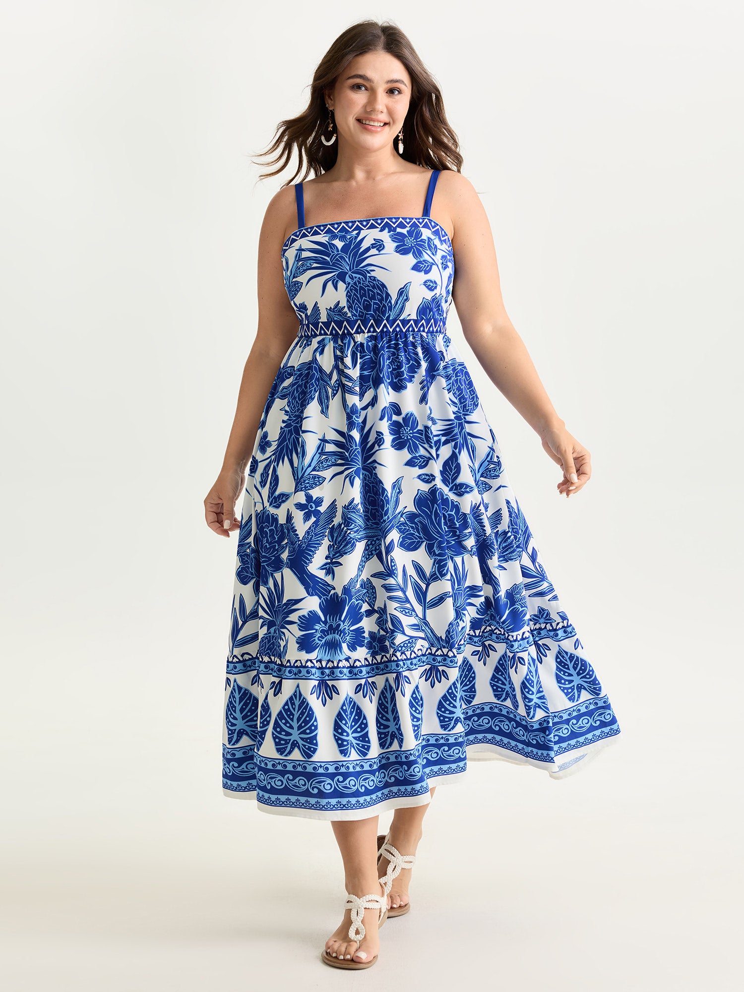 Tropical Print Shirred Waist Flowy Midi Dress