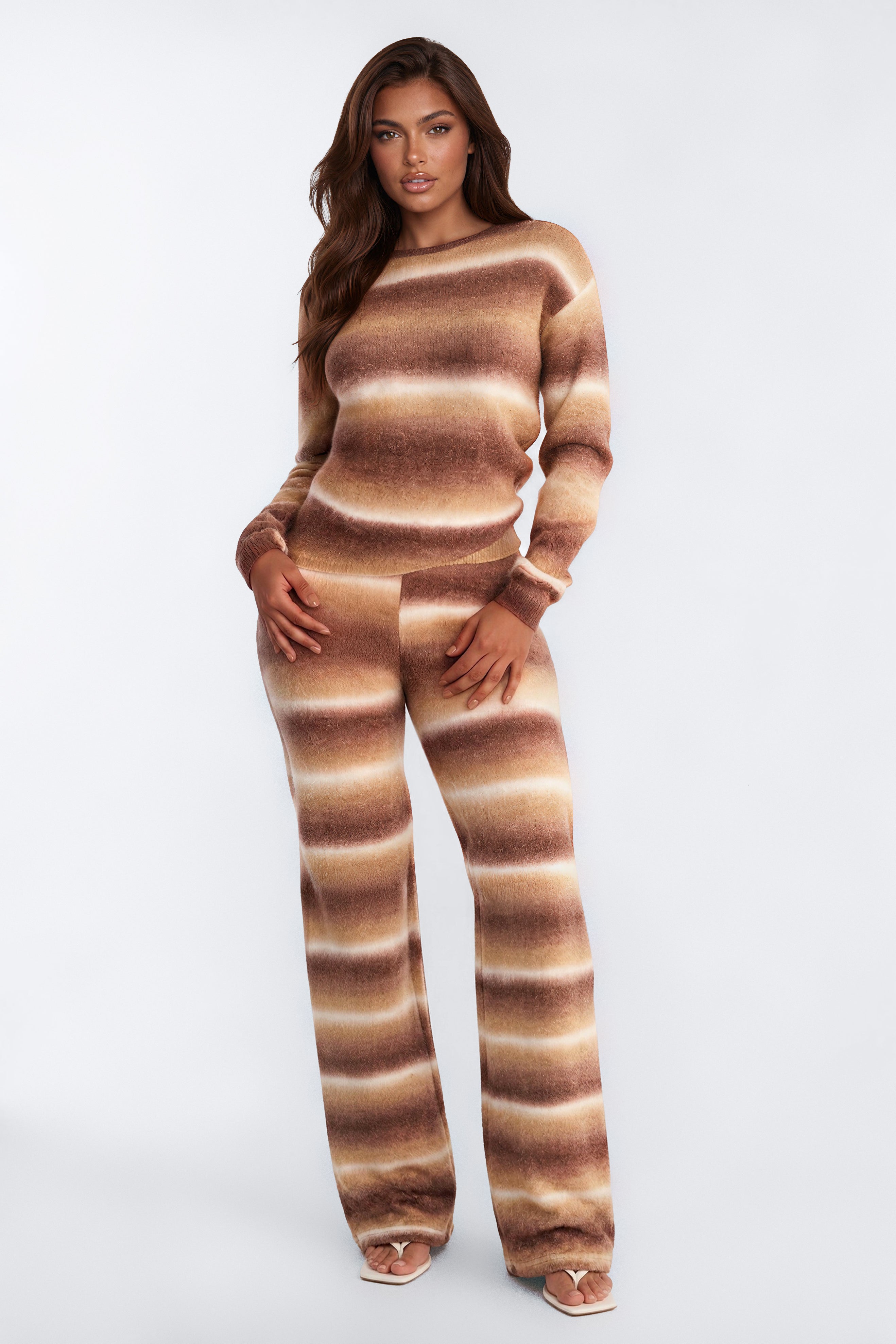 Emory Striped Sweater Pant Set - Brown/combo