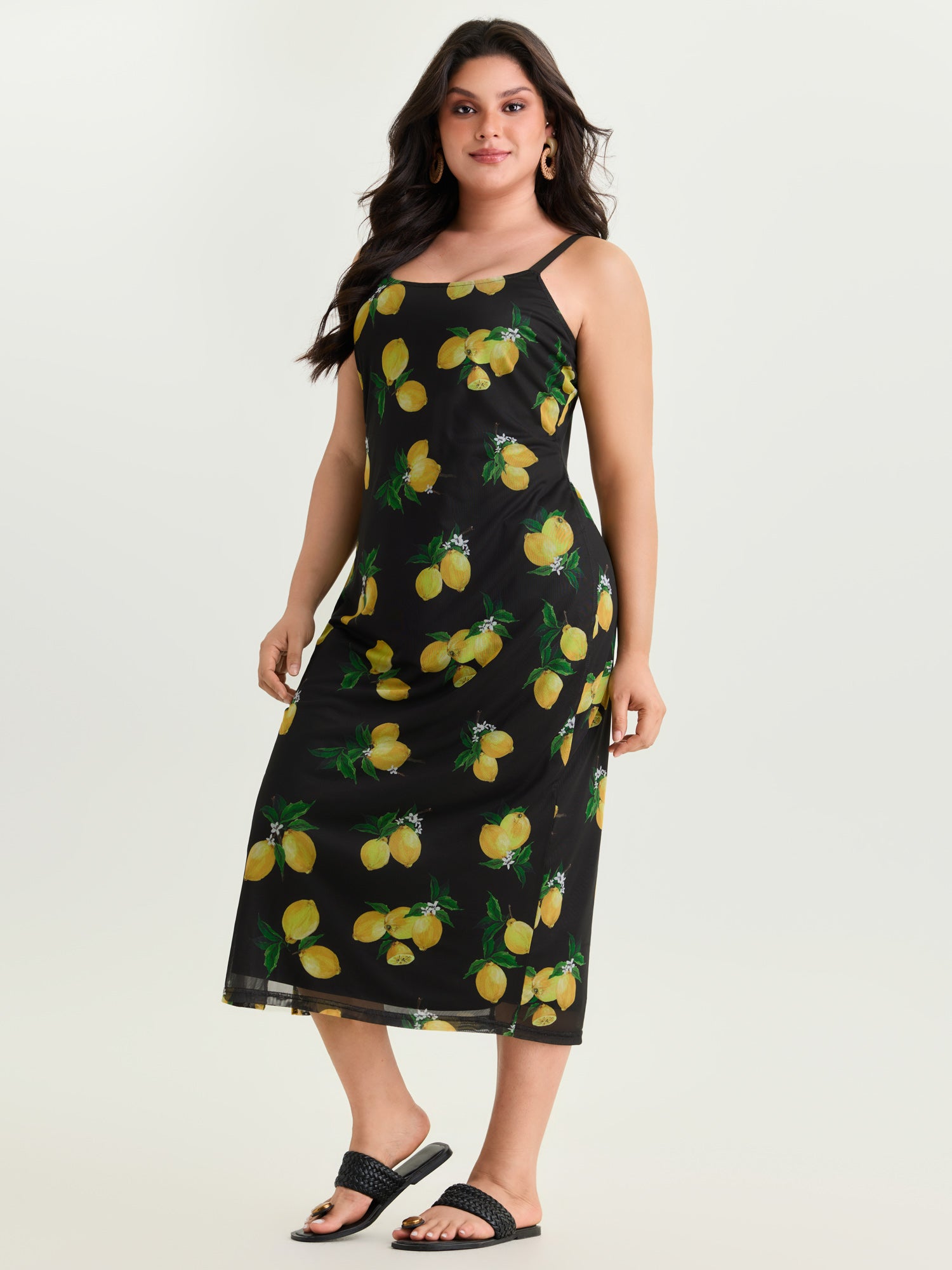 Lemon Print Stretchy Mesh Knit Midi Dress