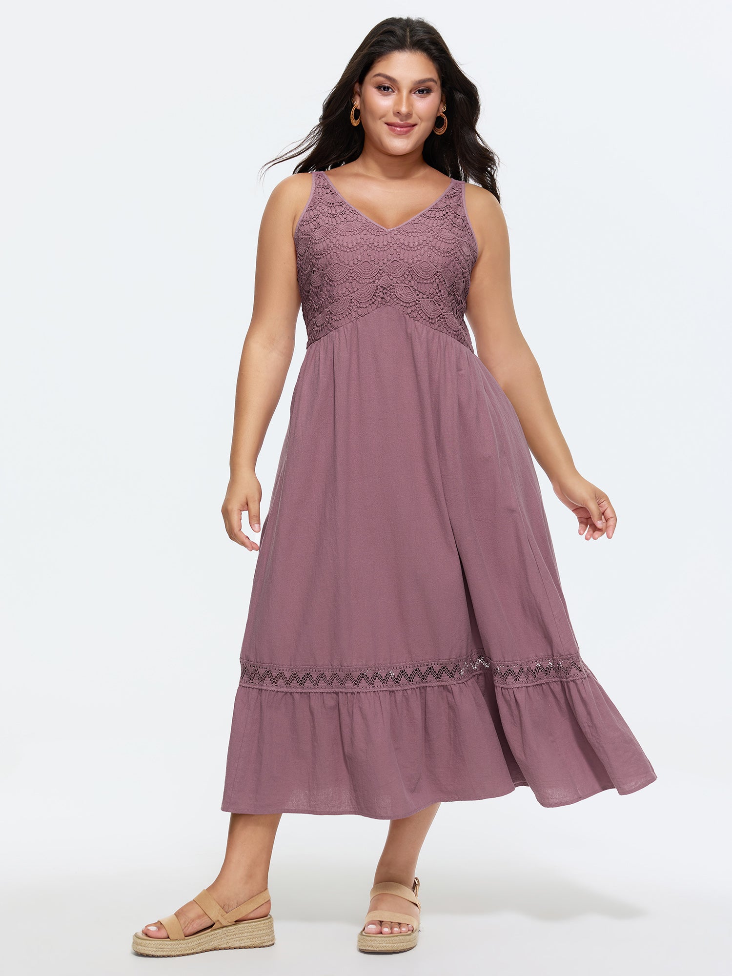 Cotton Textured Bodice Lace Trim Flowy Maxi Dress