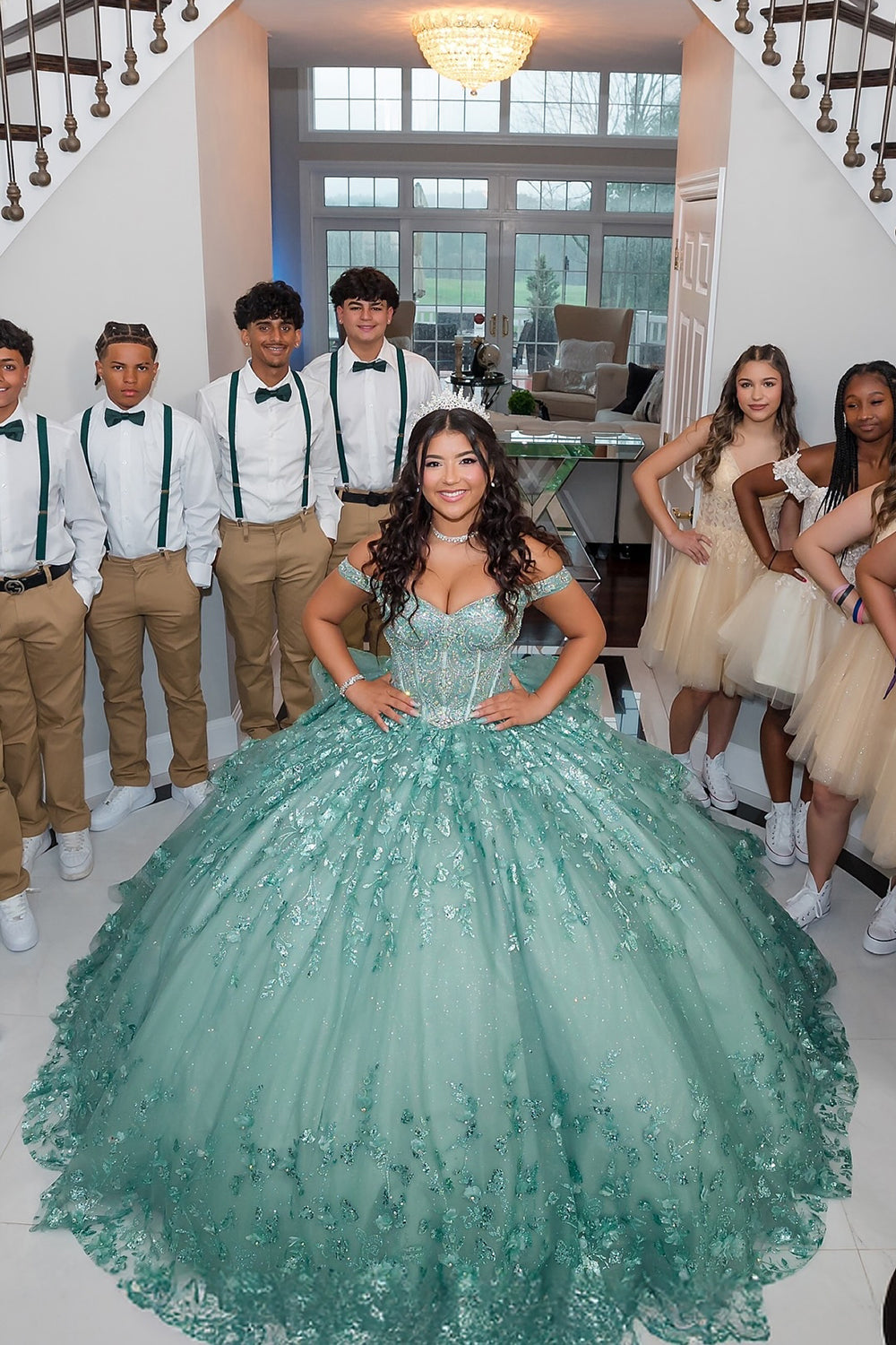 Green Sparkle Off-Shoulder Beaded Tulle Quinceanera Ball Gown with Applique