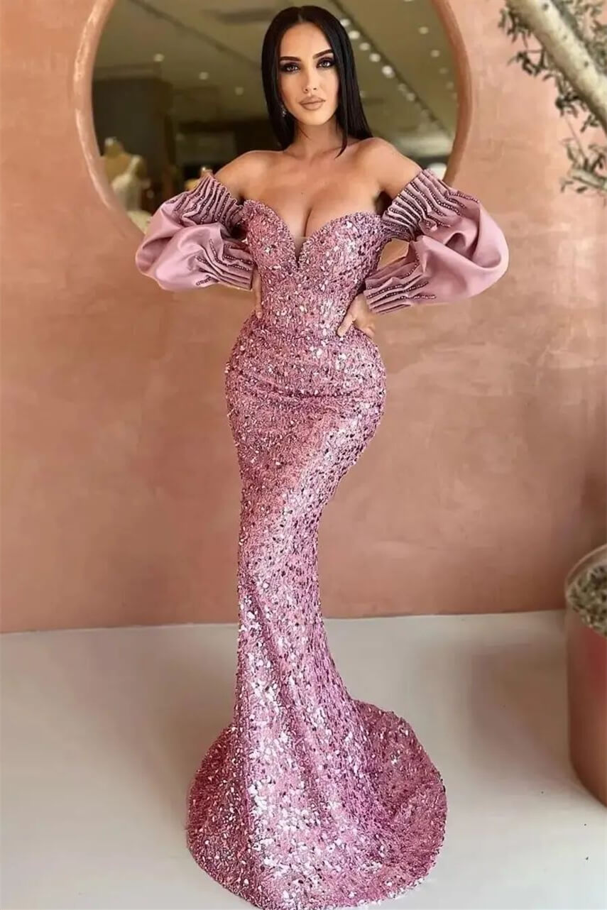 Off-The-Shoulder Sweetheart Long Sleeves Evening Dress With Sequins Mermaid