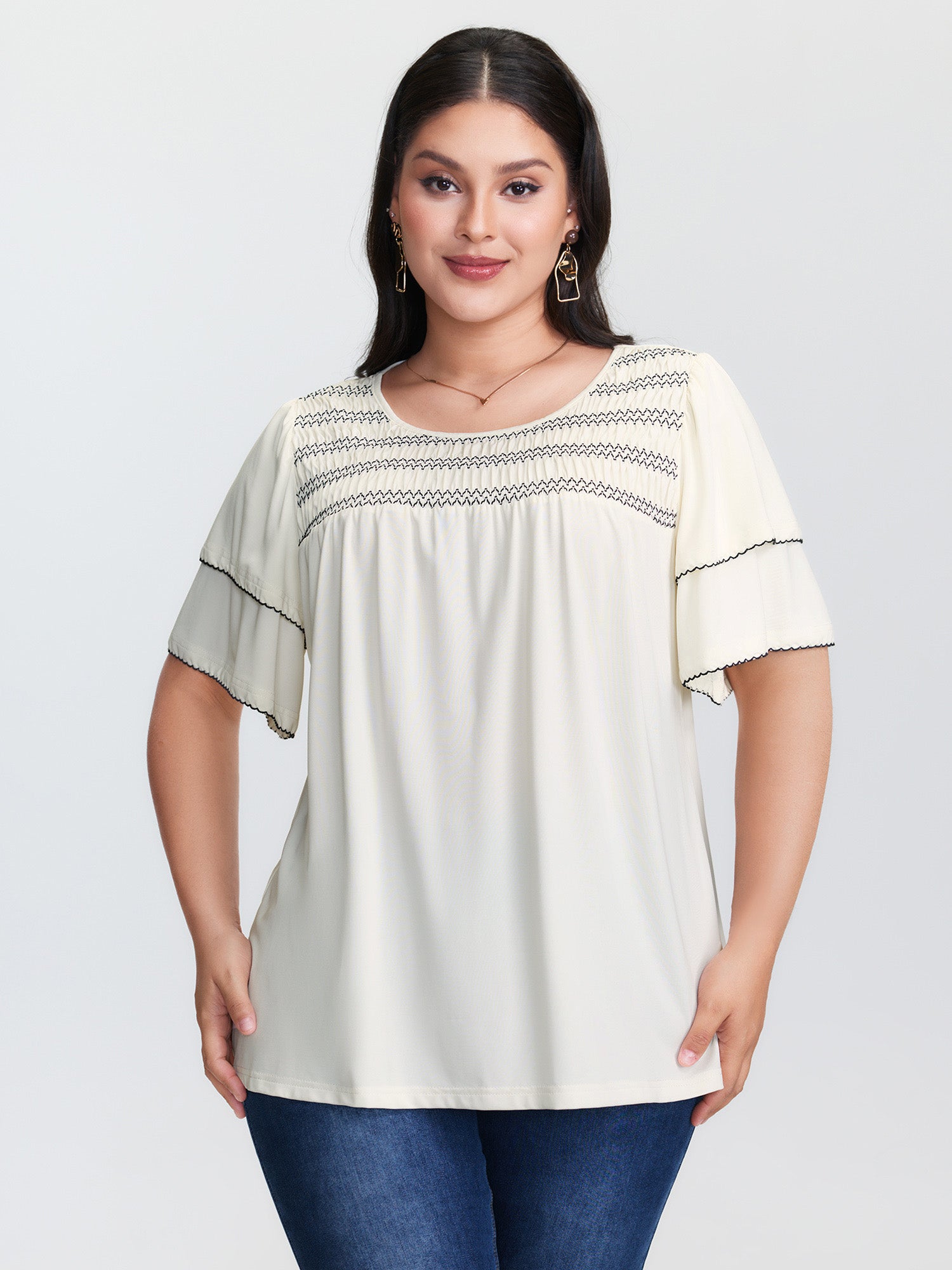 Zigzag Lace Trim Layered Sleeve T-Shirt
