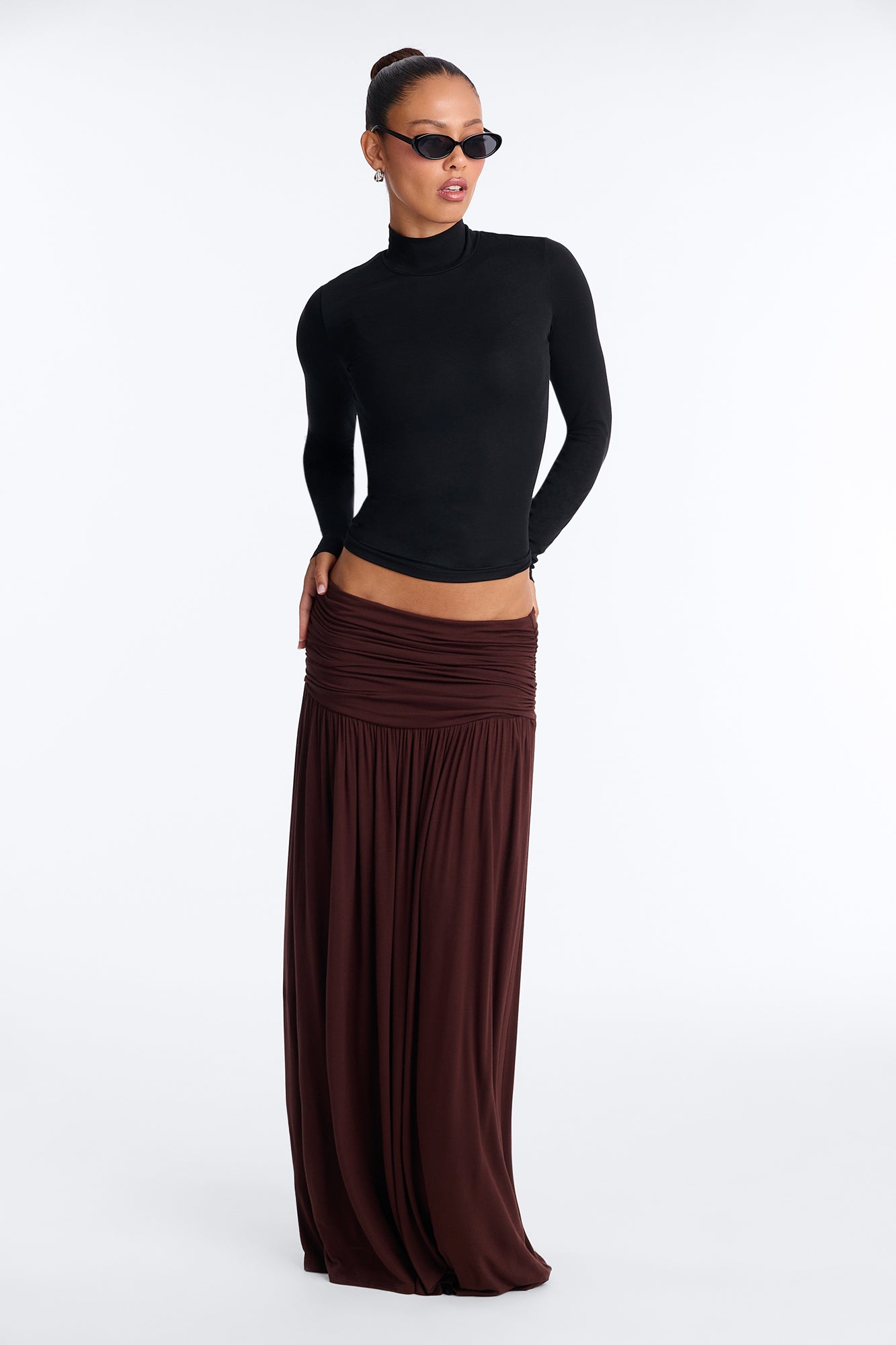 Alexa Ruched Jersey Maxi Skirt - Chocolate