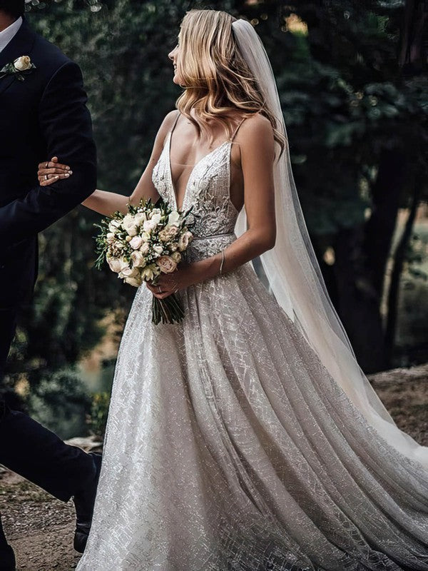 Gorgeous Deep V-Neck Spaghetti Straps Sequined Court Train Wedding Dresses