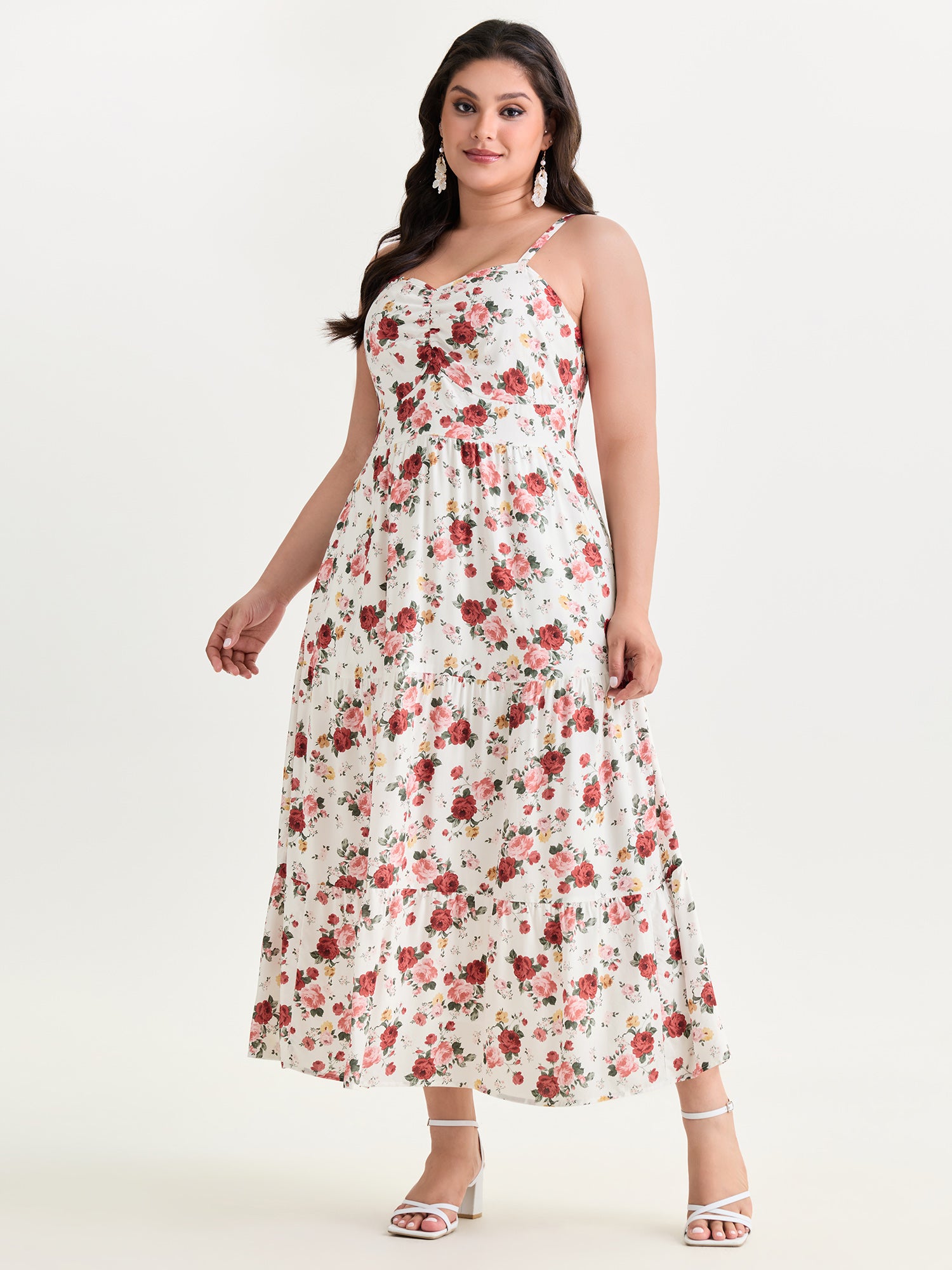 Floral Print Ruched Bodice Bowknot Maxi Dress