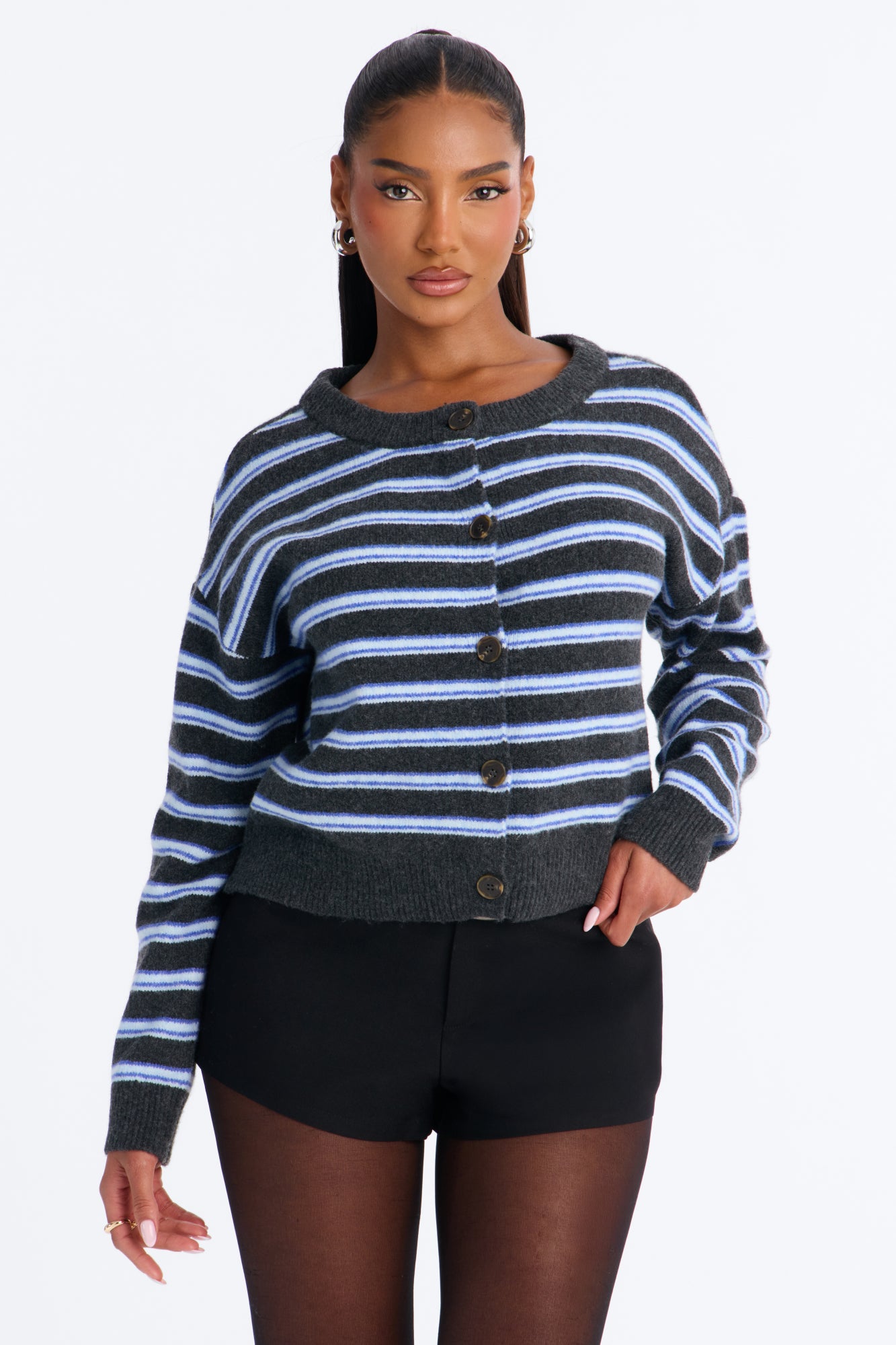 Casey Striped Long Sleeve Cardigan - Charcoal/combo