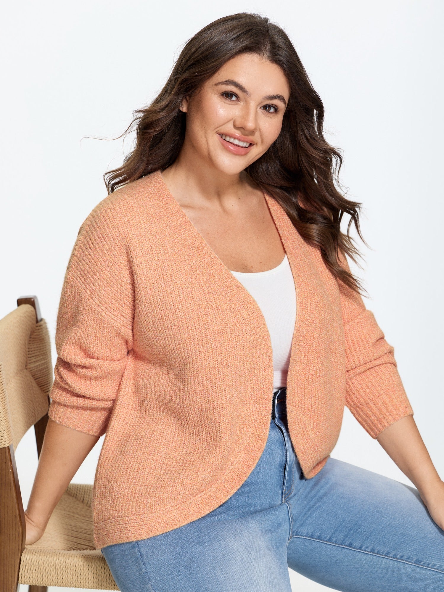 V Neck Marled Knit Open Front Cardigan