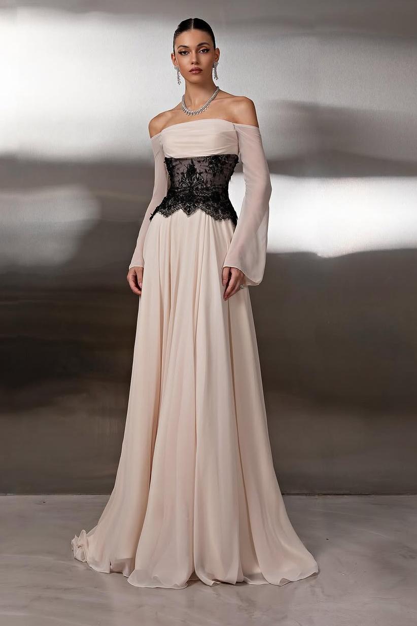 Off the Shoulder Long Sleeves Long Formal Dress With Lace Pleated