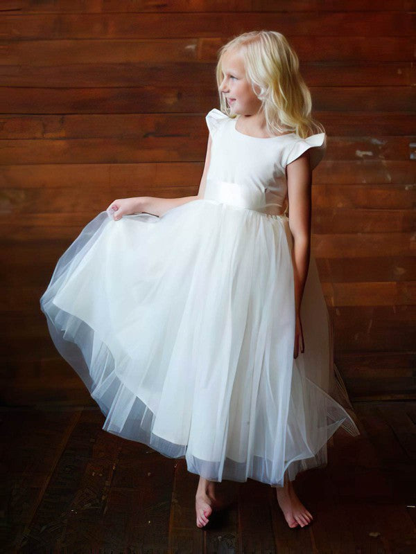 Beautiful A-Line Crew Sleeveless Tulle Satin Ankle-Length Flower Girl Dresses with Sash