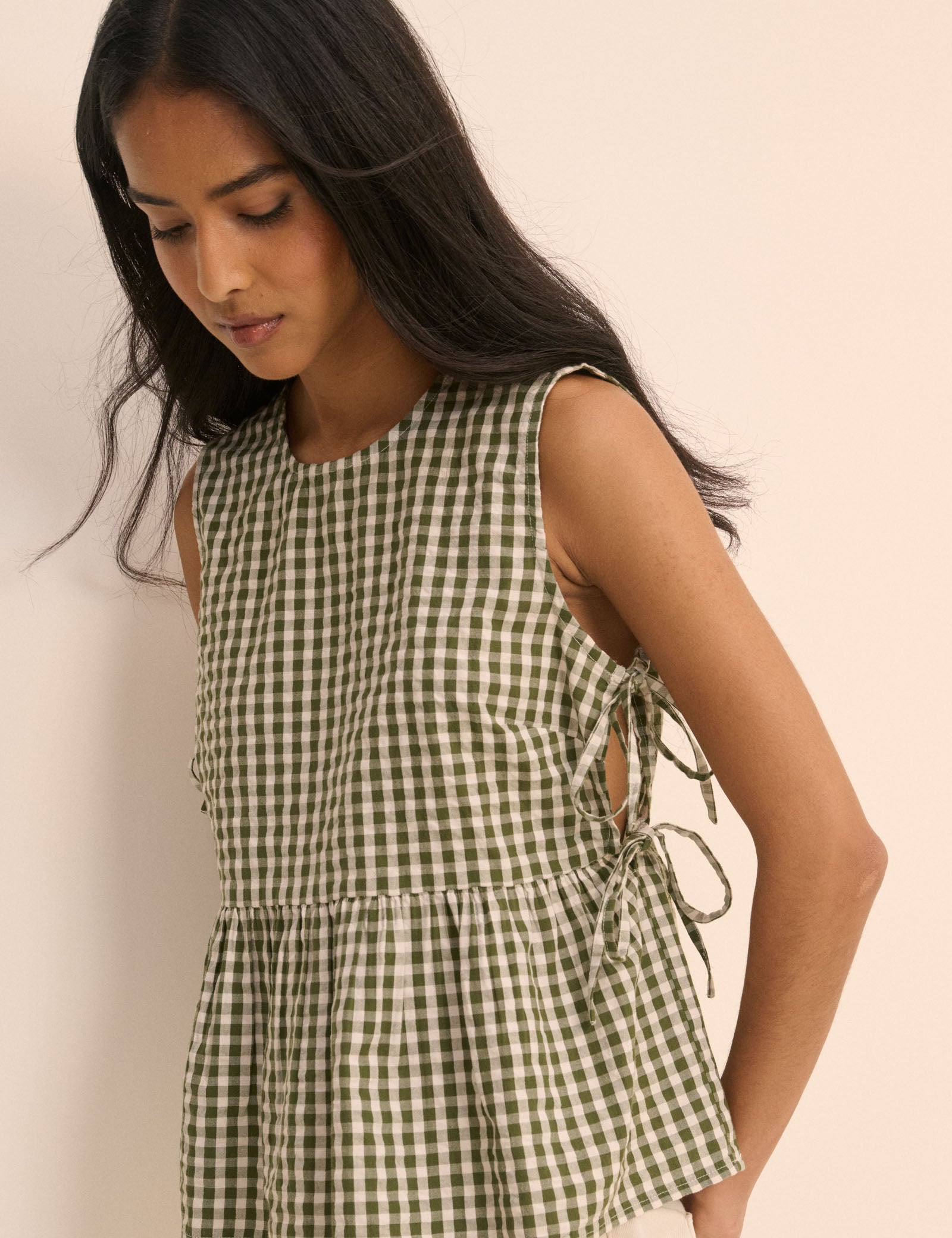 Green Gingham Side Tie Swing Top
