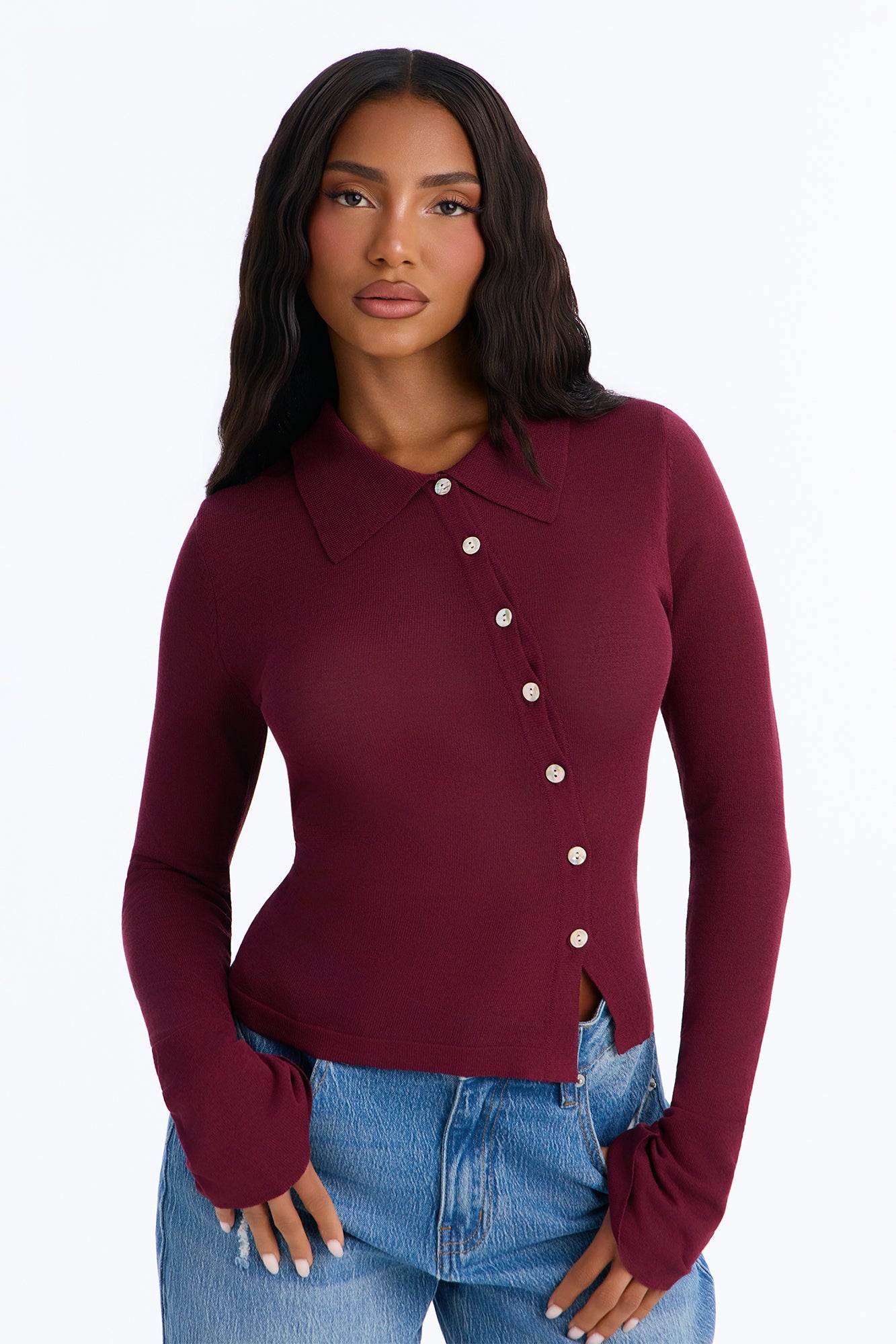 Syann Asymmetrical Button Up Cardigan - Burgundy