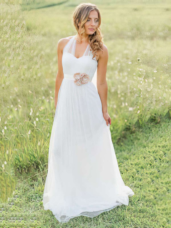 Fabulous A-Line Halter Sleeveless Tulle Wedding Dresses with Sweep Train