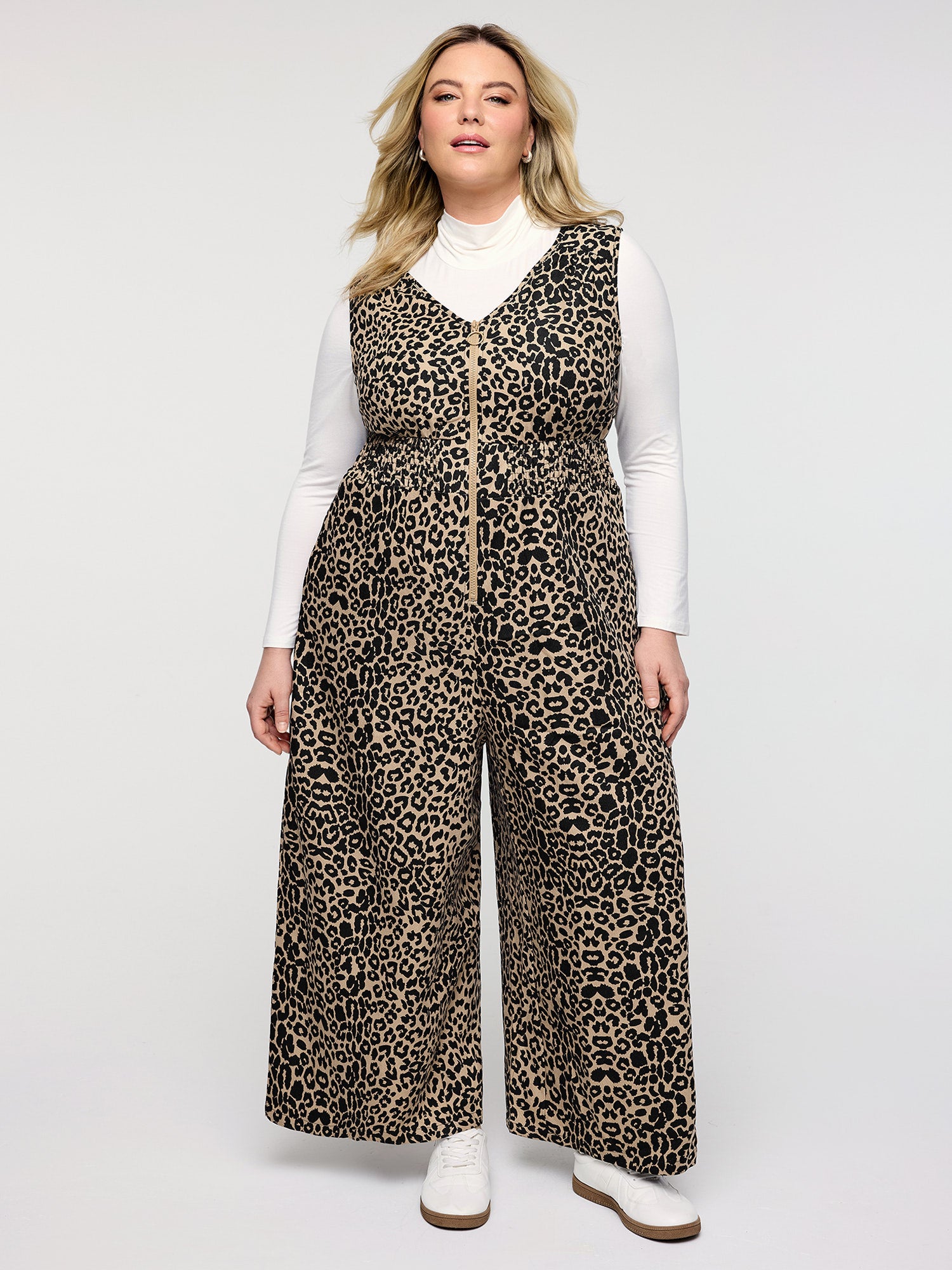 Leopard Pattern Zipper-Front Shirred Jumpsuit