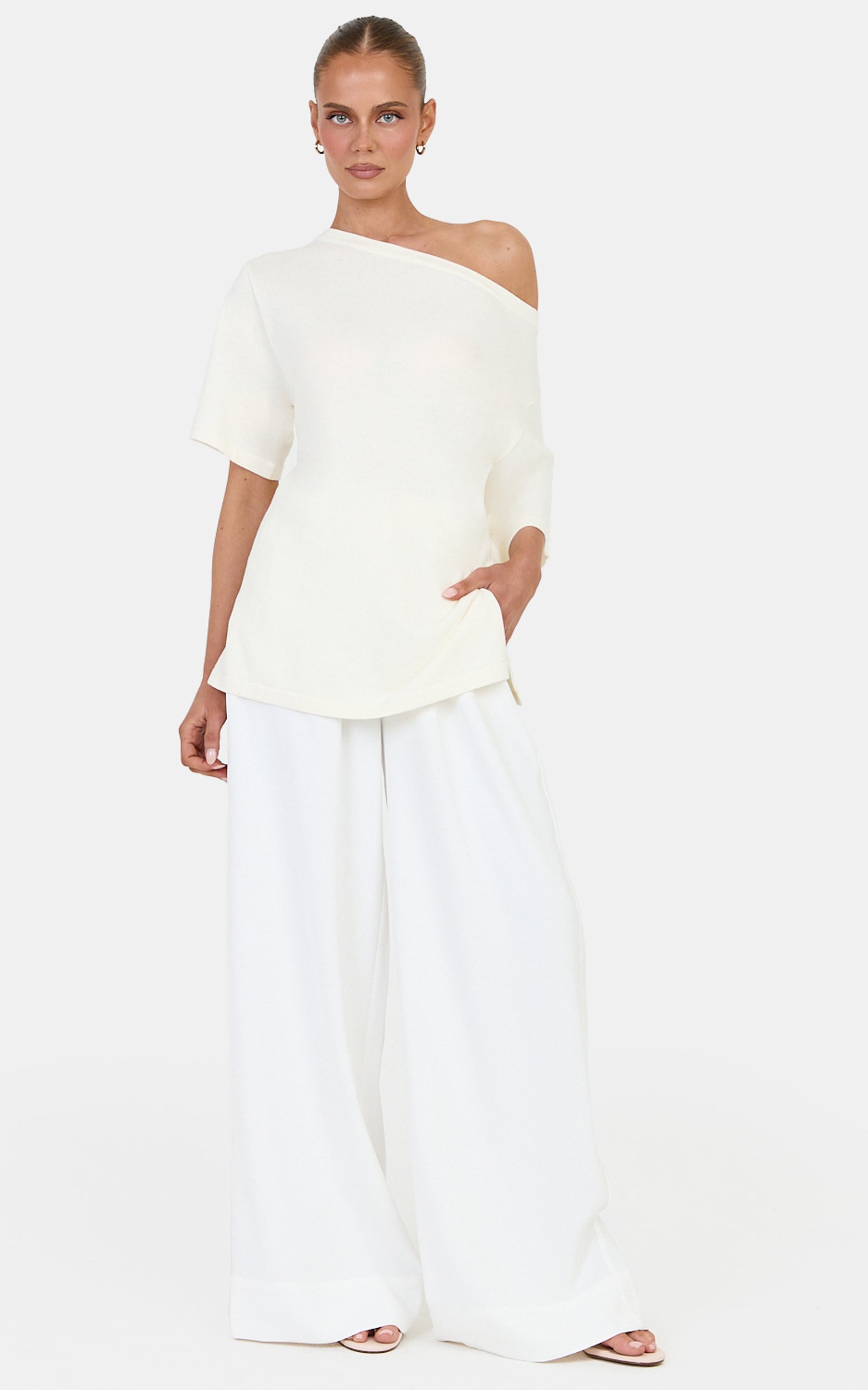 Angela Top - Cotton Oversized Asymmetrical Knit T Shirt in Ivory
