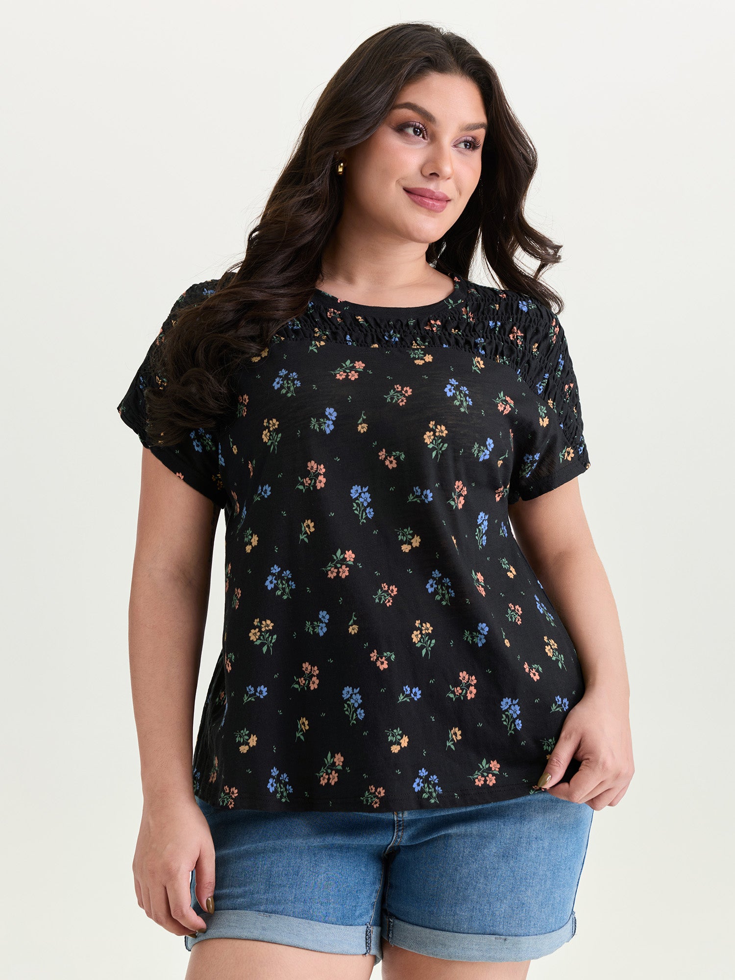Cotton Floral Print Shirred Half-Sleeve T-Shirt