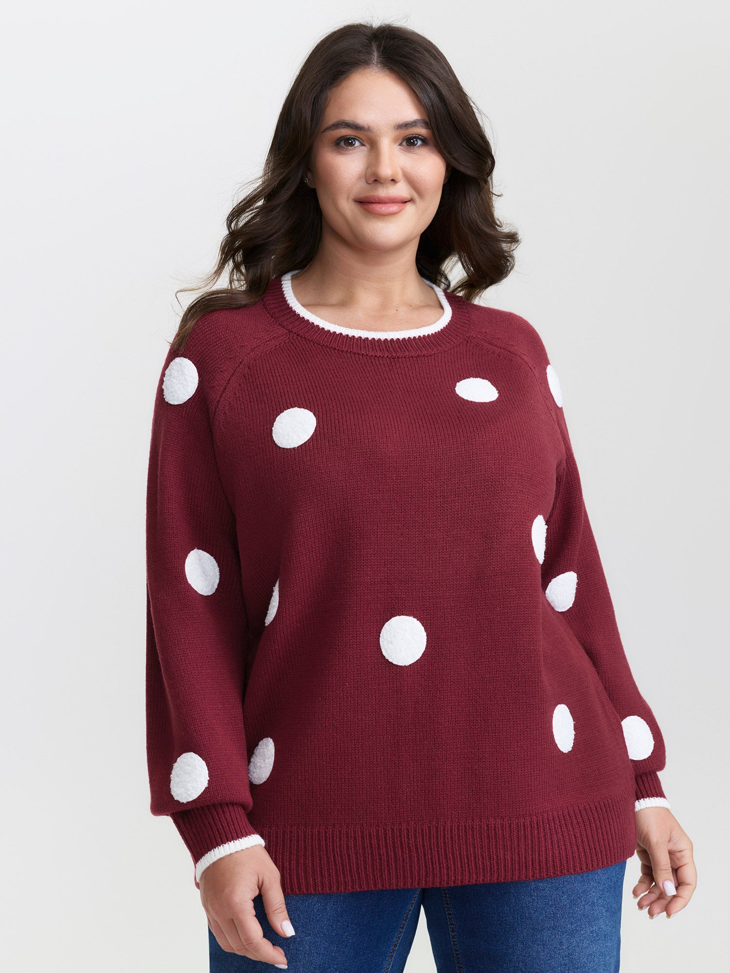 Polka Dots Textured Raglan Sleeve Pullover