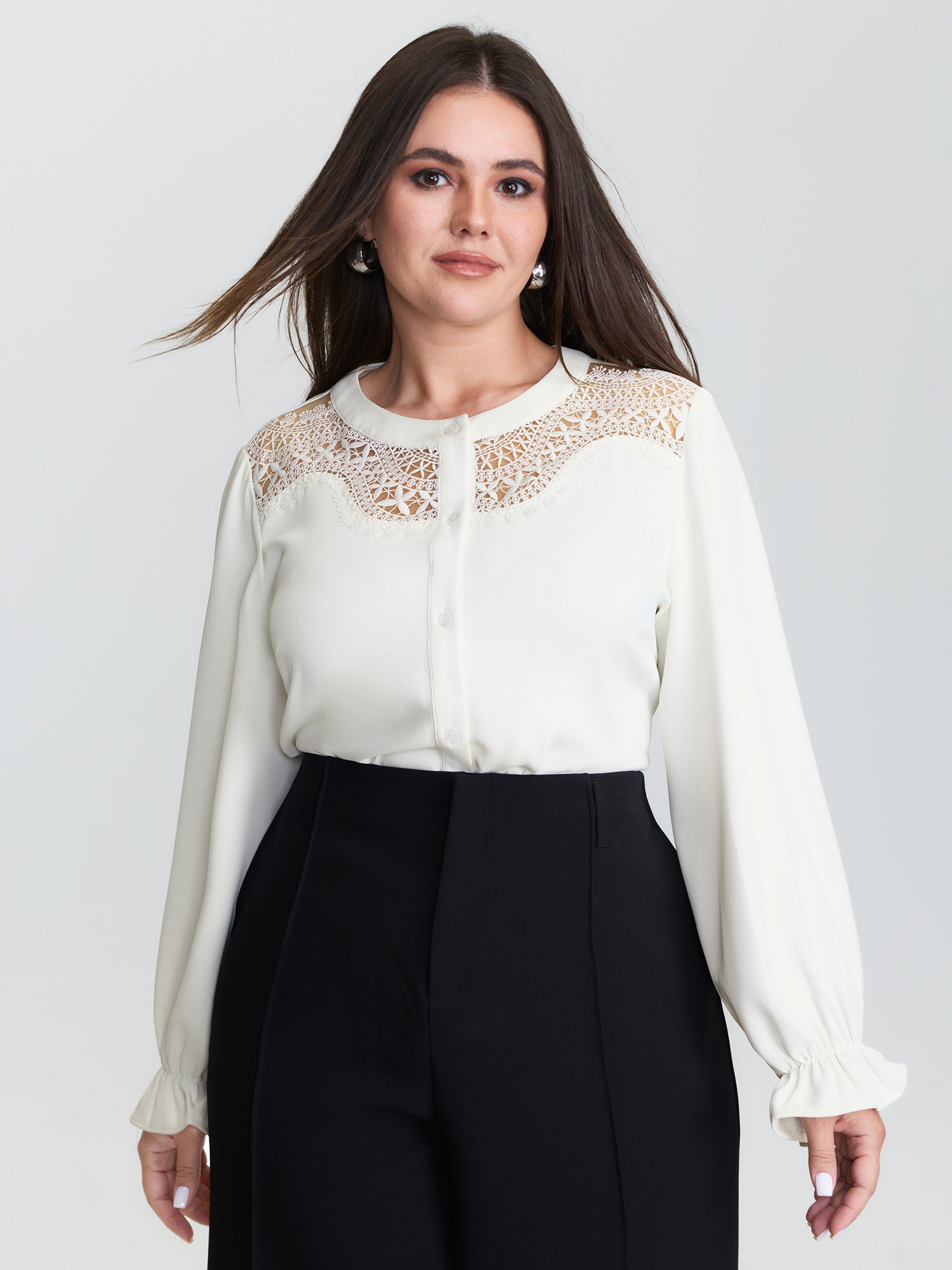 Sheer Neckline Ruffled Cuff Sleeve Blouse