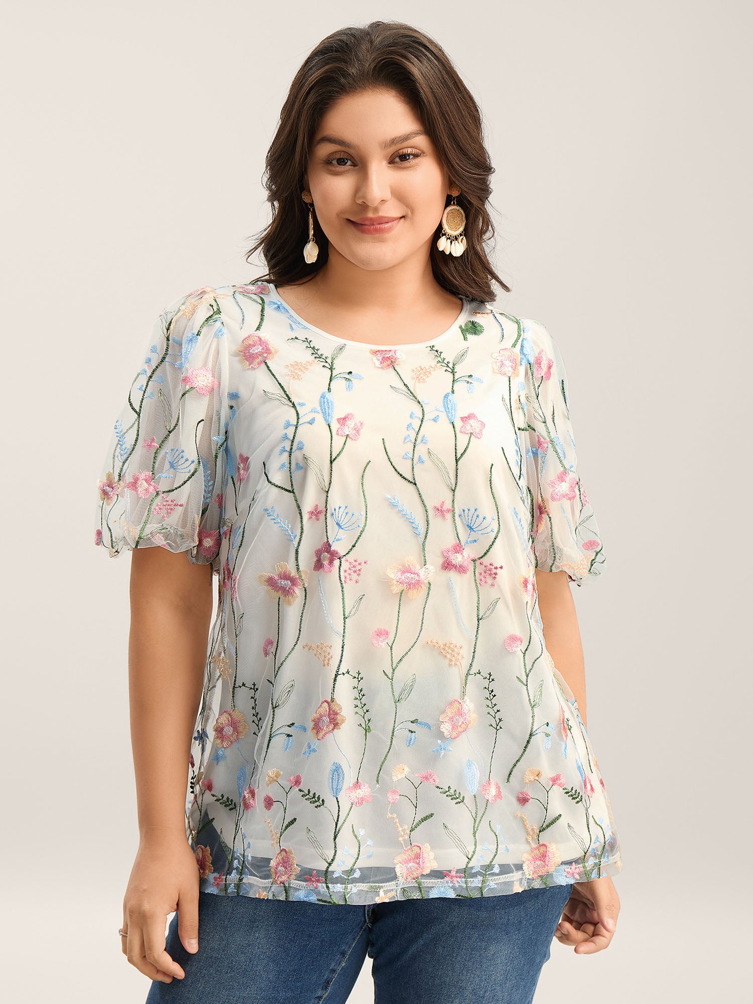 Floral Embroidered Mesh Bubble Sleeve Blouse