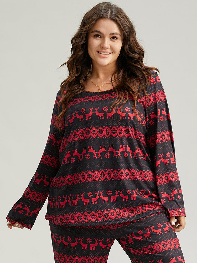 Reindeer Print Round Neck Pajama Top