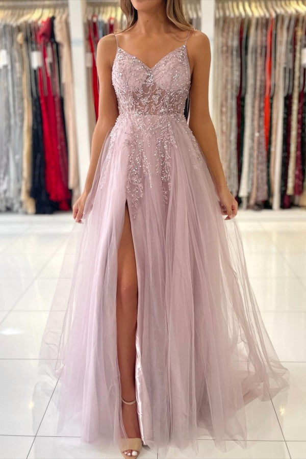 Tulle Spaghetti Strap A-Line Evening Dress With Beadings