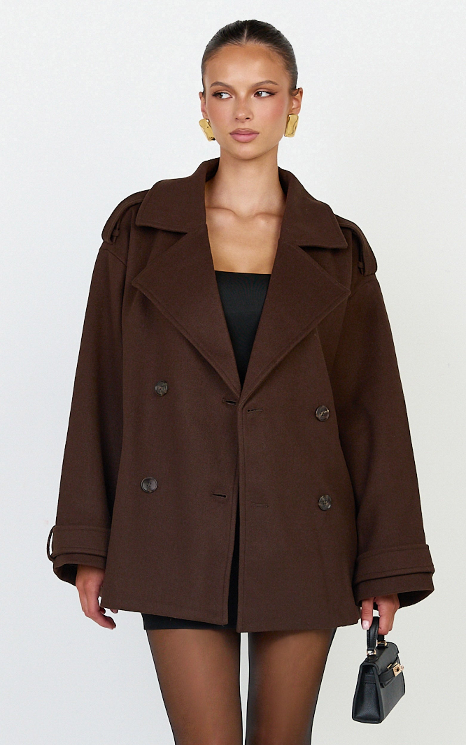 Saskia Coat - Double Breasted Short Wool Like Coat in Chocolate