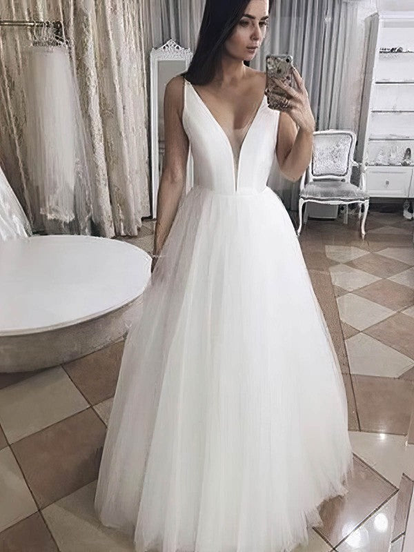 Trendy Backless V-Neck Tulle Ball Gown Floor-Length Wedding Dresses
